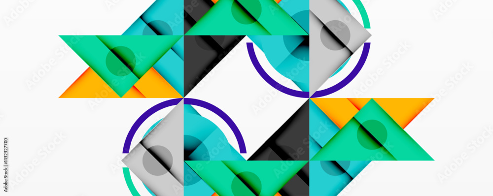Poster Abstract geometric pattern. Triangles, squares, circles overlap creating symmetrical design. Bright colors contrast with dark shades.