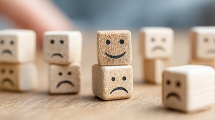 Wooden block with a smiley face representing customer service excellence and the concept of exceeding expectations in business