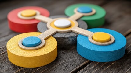 Colorful wooden toy spinners representing diversity and teamwork in a conceptual design for inclusivity and perspectives