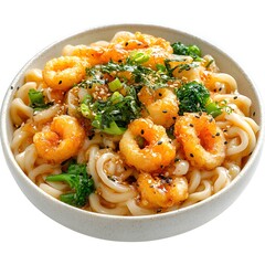 Delicious shrimp udon noodle bowl with broccoli and sesame seeds garnished with fresh green onions...