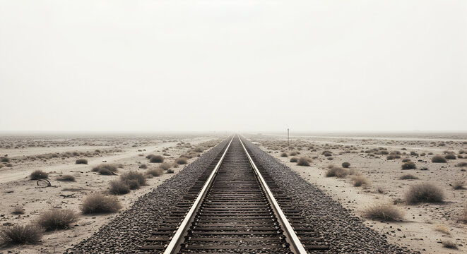 Vanishing Point: Railway Tracks Into a Foggy Horizon in Desert Landscape