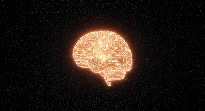 A glowing AI brain made of circuits and data streams, floating in a dark space with binary code background, concept of artificial intelligence and digital thinking