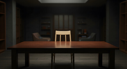 Negotiation Room Interior With Wooden Desk And Chair In Dimly Lit Office
