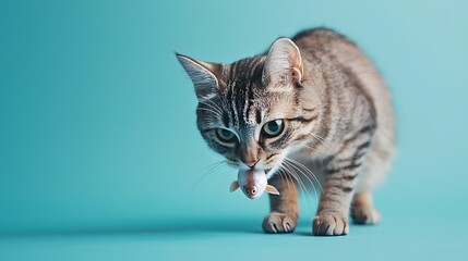 Obraz premium Cat With Fish Toy Against Blue Background in Playful Setting