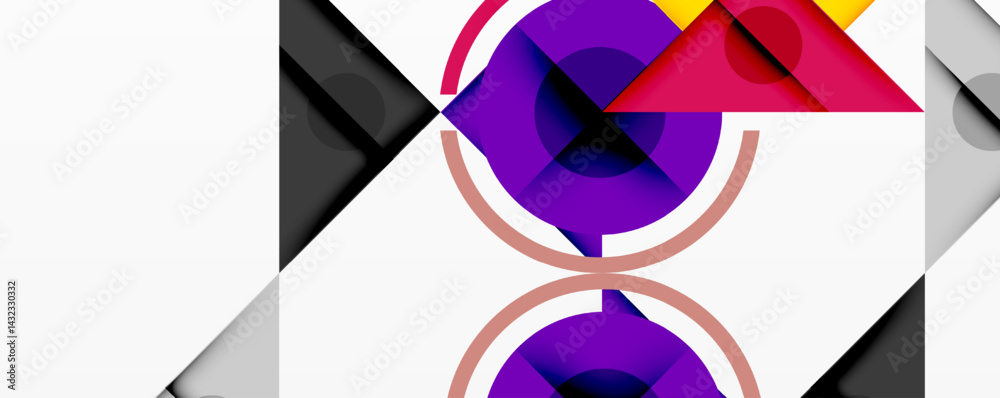 Poster Abstract geometric composition. Shapes overlap, creating vibrant color contrasts. Minimalist design, modern aesthetic.