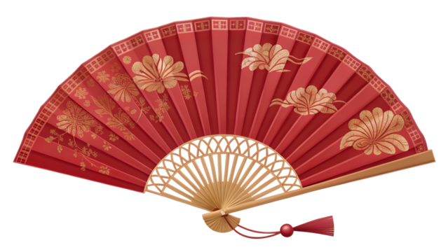 Red Fan: A close-up of an elegant, red hand fan, revealing intricate details, showcasing its delicate design and cultural charm.