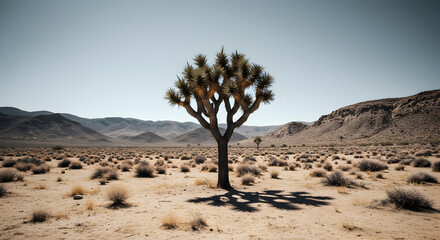 Joshua Tree Standing Firmly On Barren Landscape Under Clear Sky