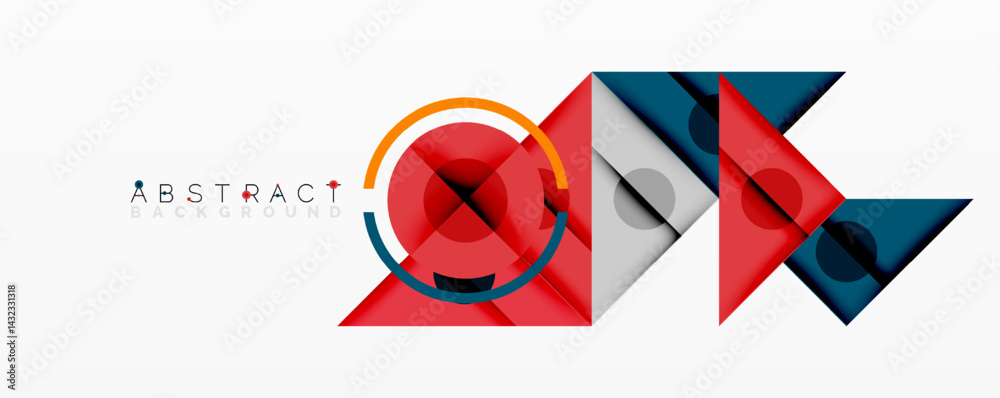 Poster Geometric shapes overlap creating modern design. Red, blue, gray colors dominate composition. Minimalist aesthetic.