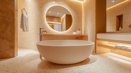 Luxurious modern bathroom interior design with freestanding bathtub, round mirror and elegant terrazzo tiles paired with warm indirect lighting creates a tranquil and minimalist spa atmosphere.
