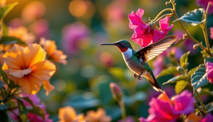 Fototapeta premium Hummingbird Flying Among Colorful Flowers