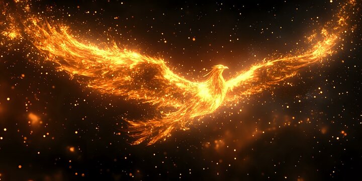 Majestic phoenix rising with glowing fiery wings spread against dark starry background, burning embers and magical sparks illuminating mystical creature in flight.