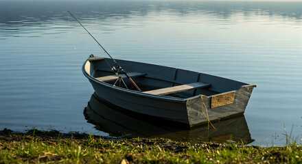 Obraz premium Calm Lake Scene Featuring an Empty Boat with Fishing Rod at Lakeside