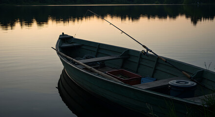 Obraz premium Calm Lake Landscape With Old Fishing Boat At Sunset Hour