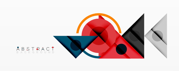 Geometric shapes overlap, creating modern abstract composition. Red, orange, blue, gray tones dominate design. Minimalist style.