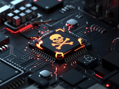 Cybersecurity Threat Skull and Crossbones on Circuit Board