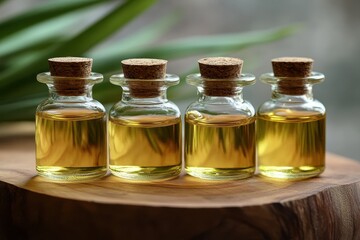 Four small bottles of golden liquid on a wooden slice