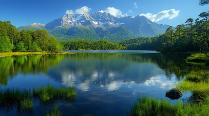 Fototapeta premium Serene mountain lake surrounded by lush forest with snow-capped peaks reflected in calm waters and vibrant green grass along shoreline creates peaceful landscape.