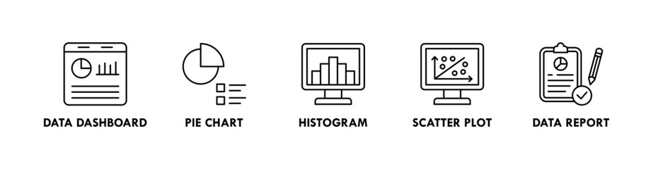 Data Analysis banner web icon illustration concept with icon of data dashboard, pie chart, histogram, scatter plot, and data report