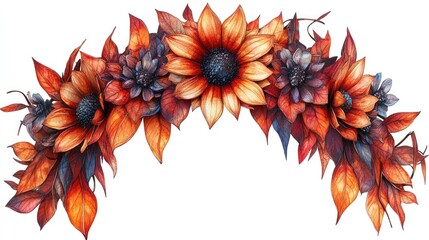 Autumnal floral arch.  A decorative, stylized floral archway, featuring vibrant autumnal colored sunflowers and leaves, arranged in a semicircular design. 