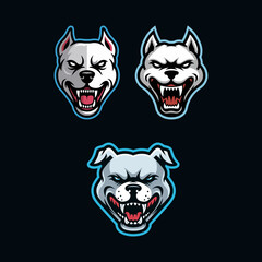 Set of Three Aggressive Pit Bull Dog Head Esport Gaming Mascot Illustrations