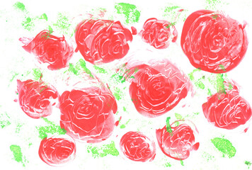 Red roses on a white background. Art, painting. Encaustic, art decoration, sketch. Illustration hand drawn modern, hot wax new