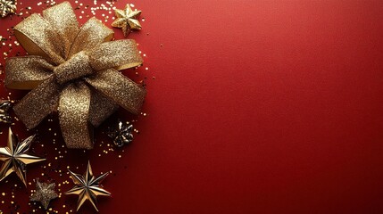Flat lay top view of a golden ribbon on a red background, designed for gift card visuals with copy space for adding text, logos, or decorative elements.