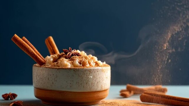 Cinnamon sprinkles over hot Brazilian rice pudding with steam rising. Slow zoom-in. 4K.