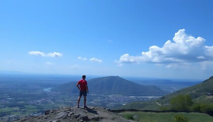 Fototapeta premium Contemplating a Panoramic View: A Man's Moment of Reflection on a Mountain Peak