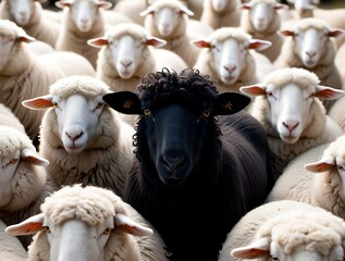 Fototapeta premium A Black Sheep Standing Out Among a Flock of White Sheep, Symbolizing Uniqueness and Individuality. A Powerful Representation of Standing Apart in a Crowd and Being Different.
