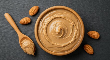 macro food photograph provides close up overhead view smooth almond butter rich brown paste made from pureed almonds Prunus dulcis presented neatly wooden bowl isolated plain