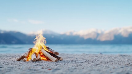 Warm campfire on a snowy beach
