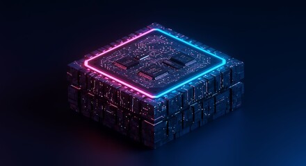 Obraz premium Visualize complex digital concepts like blockchain machine learning processes using D rendering abstract blocky shape illuminated glowing LED lights suitable technology s