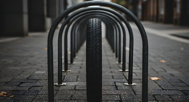 Bicycle Tire Between Curved Iron Racks On A Paved Urban Space