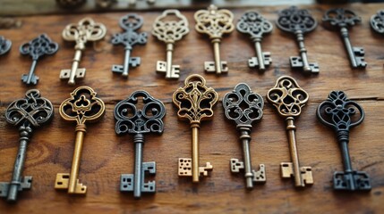 Artistic array of antique skeleton keys arranged on rustic wooden surface