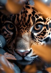 Obraz premium Close-up portrait of jaguar face showing intense amber eyes and detailed spotted fur pattern against blurred natural background, highlighting wild feline features.