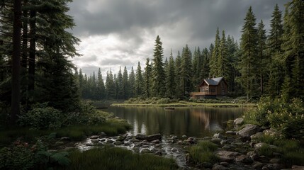 A hyper-realistic, ultra-high-definition 16K image of a cozy wooden cabin nestled deep within a dense forest in late spring afternoon light, under a cloudy sky. The cabin sits.