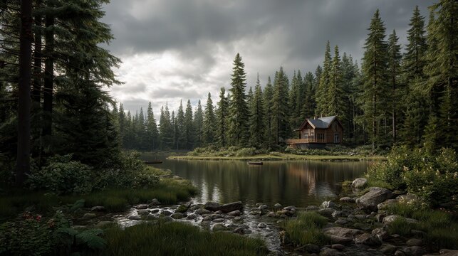 A hyper-realistic, ultra-high-definition 16K image of a cozy wooden cabin nestled deep within a dense forest in late spring afternoon light, under a cloudy sky. The cabin sits.