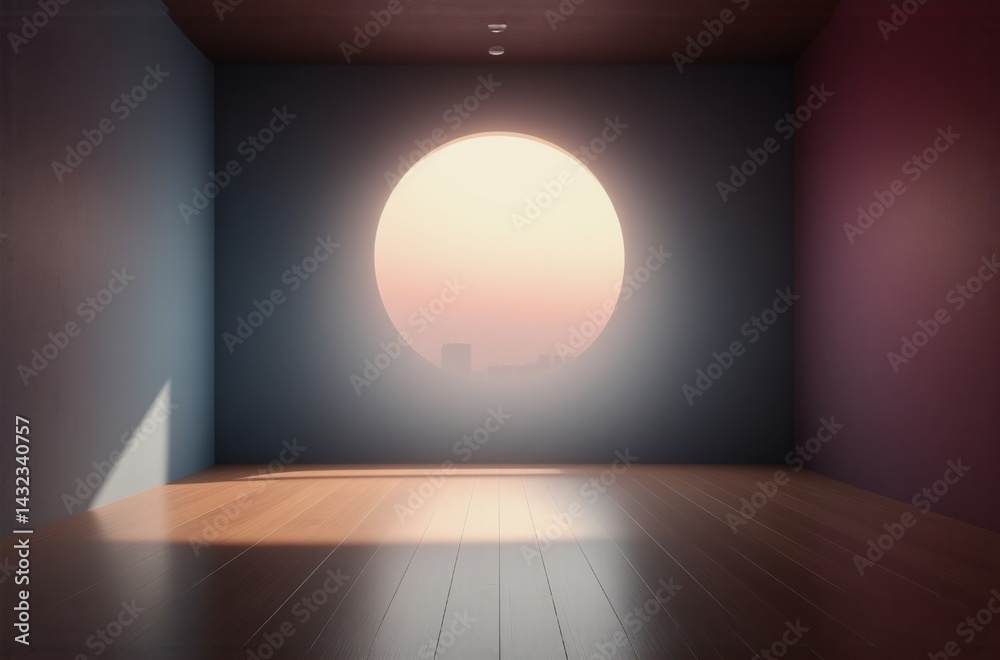 Aufkleber Empty room with pastel walls and wooden floor.  A large circular window reveals a hazy cityscape at sunset.  Light streams in, casting shadows.