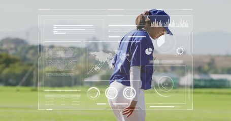 Female athlete bending forward on sports field, projecting data HUD charts and world map - Powered by Adobe