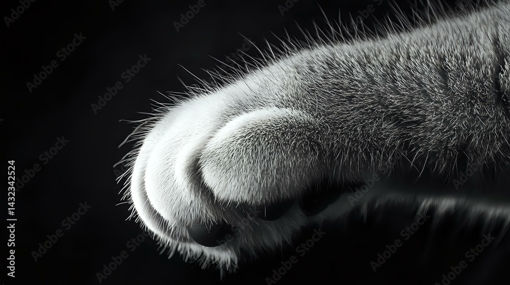 Wall mural close-up monochrome macro shot of soft cat paw with delicate fur and paw pads against dark backgroun