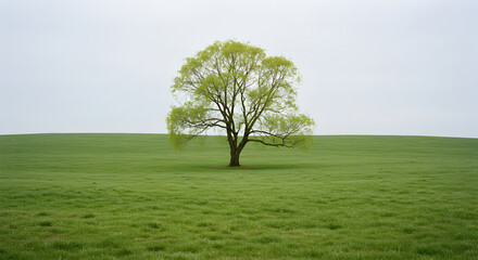 Solitary Willow Tree Standing Proudly in an Endless Green Field