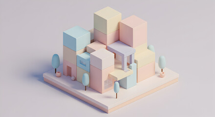Conceptual Minimalist Architectural Cityscape Made Of Pastel Blocks And Tiny Trees