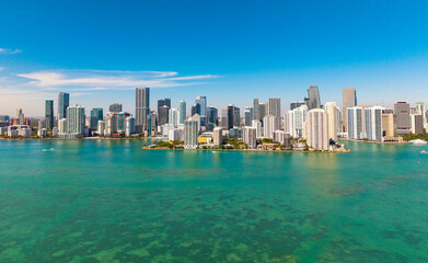 Obraz premium Skyscraper building. Cityscape building downtown. City architecture. Miami skyline. Florida skyscraper cityscape. Miami city skyline view of Brickell key. Miami downtown. Brickell Miami