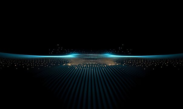 Futuristic digital landscape with glowing blue horizon line and parallel grid lines extending into dark space, creating depth and perspective for technology designs.