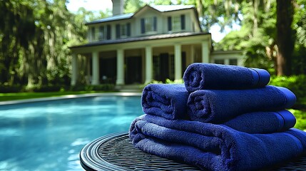 Stacked blue towels by a pool, elegant residence background.