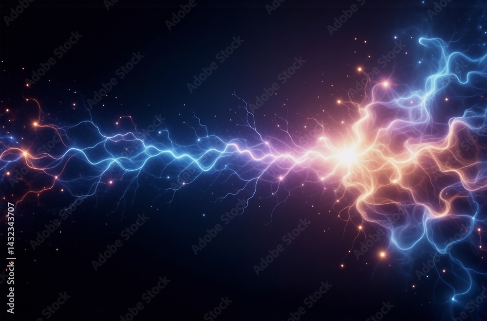 Aufkleber Clashing streams of blue and orange energy collide in a dynamic display of light and power.  The vibrant colors and swirling patterns create a visually striking image of opposing forces.