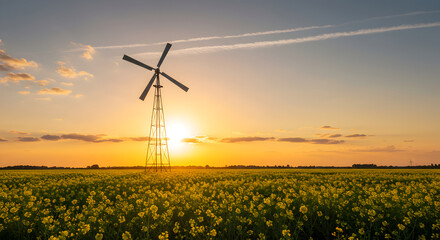 Picturesque Windmill Standing Proudly Amidst a Vibrant Canola Field At Golden Hour