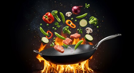 Witness dynamic action frying pan wok assortment colorful vegetables suspended mid air amidst flames showcasing peppers onions peas mushrooms beans broccoli zucchini representing vibrant Asian