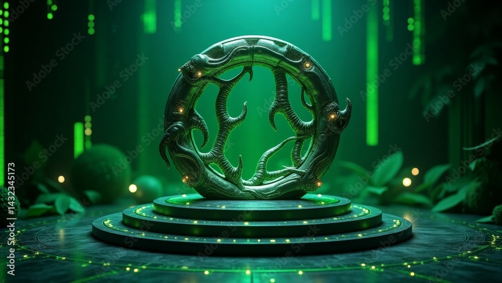 Wall mural mysterious green orb on a futuristic platform with an intricate design