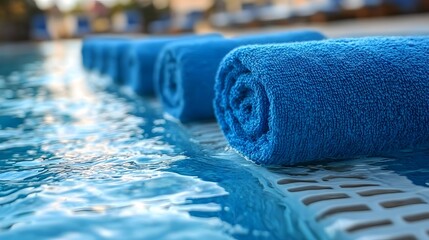 Several rolled blue towels neatly arranged poolside.